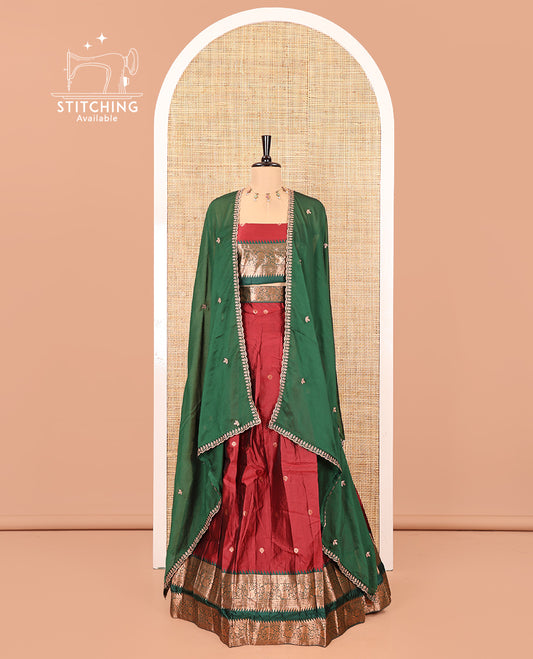 Red-Green Semi-Banarasi Half-Saree Featuring Buttas Skirt, Contrast Traditional Border, Matching Blouse, and Embroidered Satin Georgette Dhavani