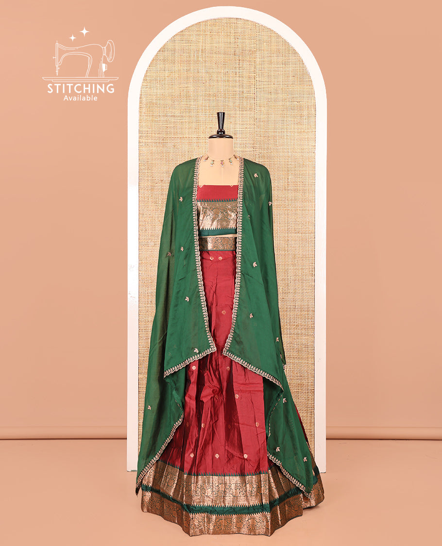 Red-Green Semi-Banarasi Half-Saree Featuring Buttas Skirt, Contrast Traditional Border, Matching Blouse, and Embroidered Satin Georgette Dhavani