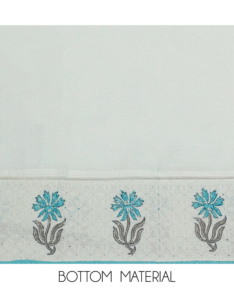 Chikku-Blue Cotton Material Churidar Set Features Floral Print and Neck Patch Top, Contrast Bottom, and Print-Embroidered Dupatta
