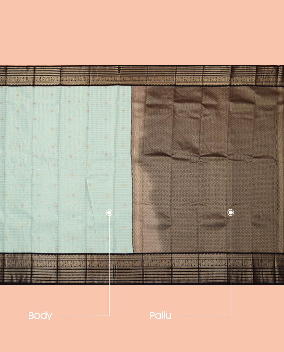 Turquoise Budget Silk Saree, Gleamed Up with Zari Butta and Checks, Complemented by a Contrast Traditional Zari Border, Jaal Pallu, and a Contrast Blouse