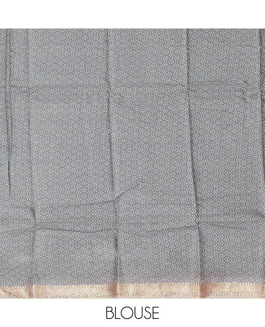 Grey Mul Mul Cotton Saree Featuring a Floral Print, a Subtle Traditional Border, a Floral-Printed Pallu, and a Matching Blouse