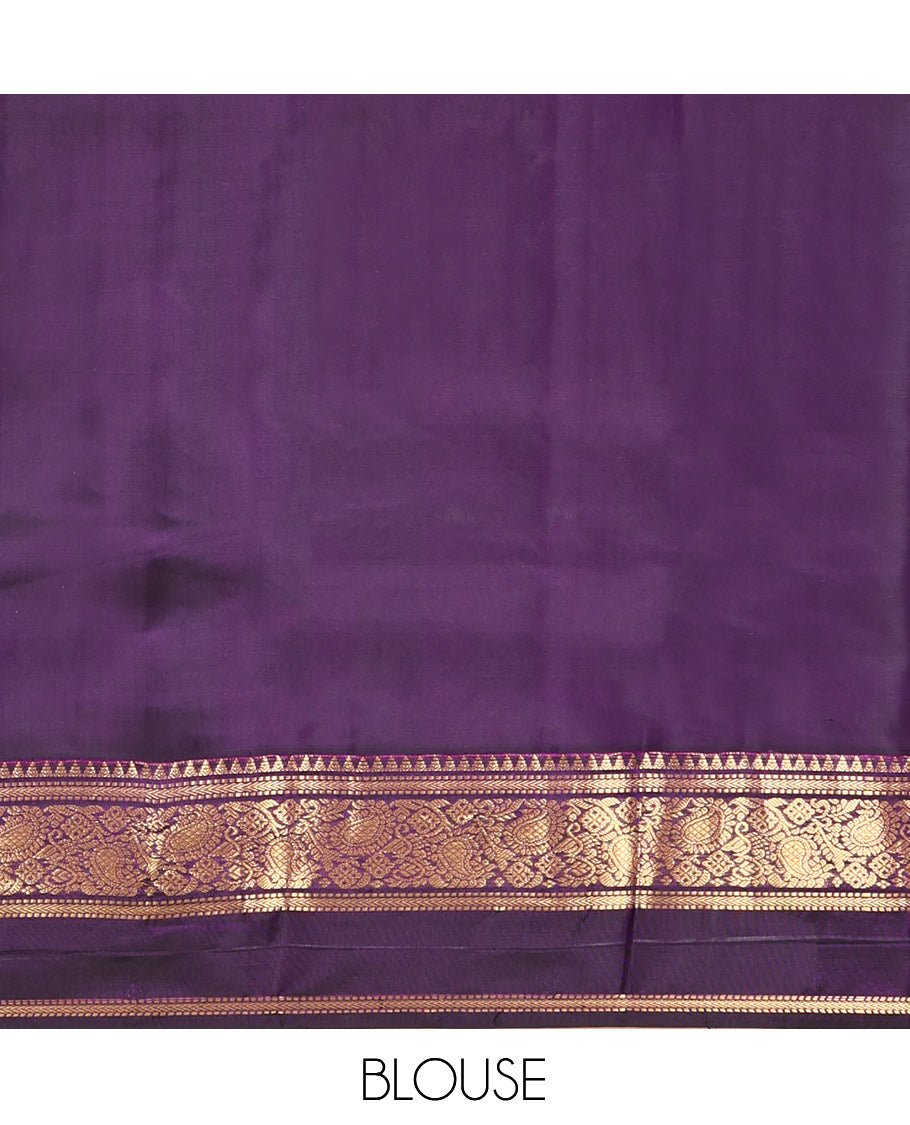 Yellow Vasundhara Silk Saree, Sparsely Woven with Zari Buttas, Contrast Rettai Pettu Border of Rekku, Muthu, Kathir, and Kodi Manga Designs, Intricate Pallu, and Contrast Blouse