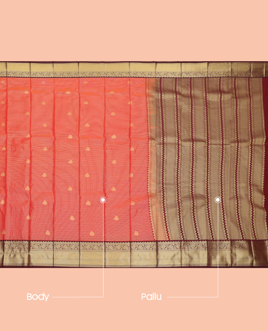 Red Budget Silk Saree, Highlighted with Zari Buttas and Checks, Complemented by a Contrast Traditional Zari Design Border, Grand Pallu, and a Contrast Blouse