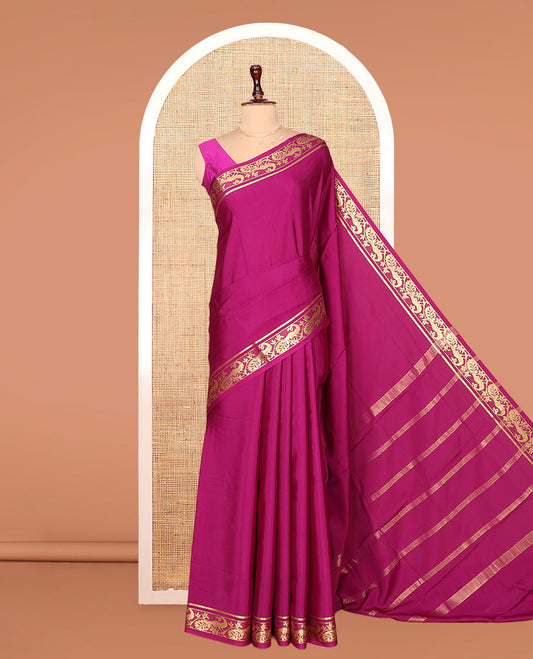 Rani Pink Plain Mysore Silk Saree, Elegantly Framed with Traditional Zari Border of Peacock Designs, Pallu Woven with Zari Stripes, and Paired with a Matching Blouse