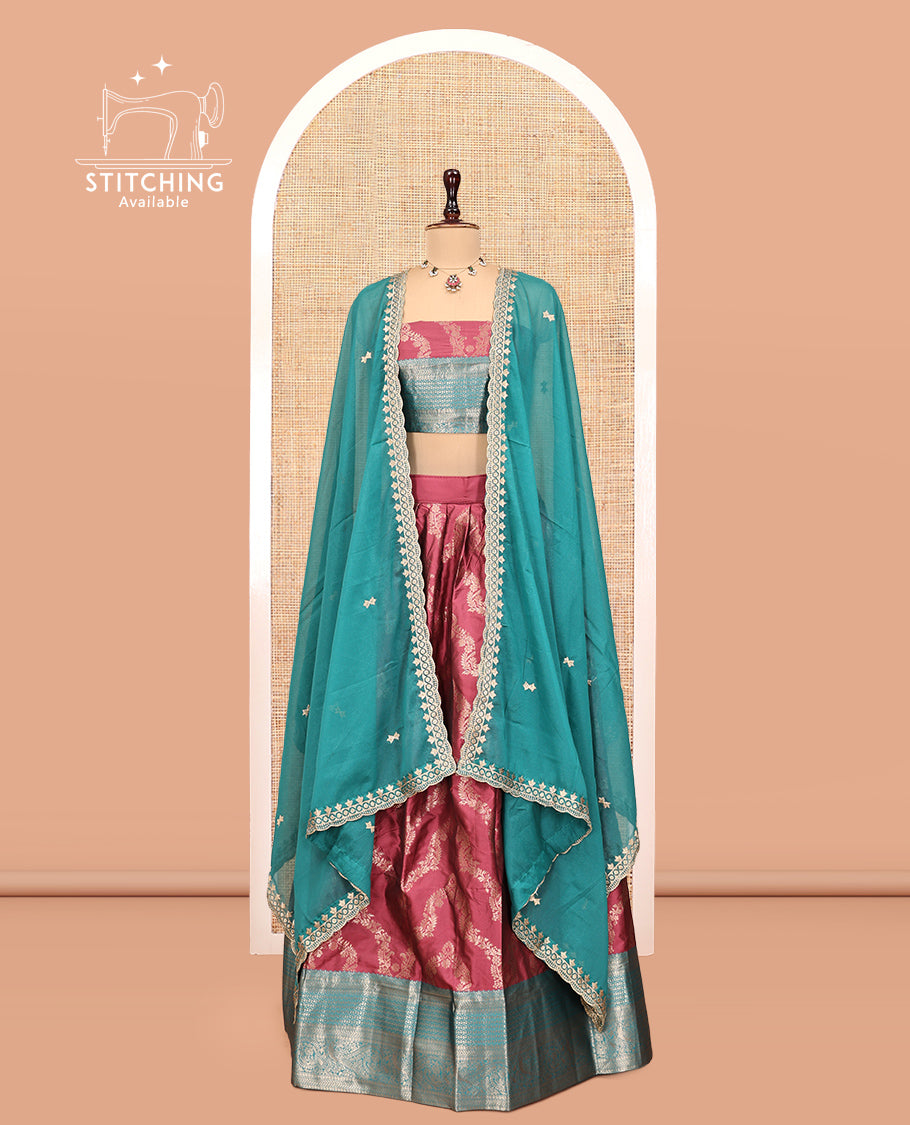 Red Banarasi Half-Saree, Decked Up with Jacquard Design, a Contrast Traditional Zari Border, a Matching Blouse, and a Contrast Embroidered Dhavani