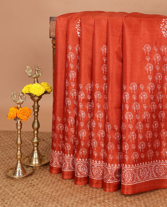 Orange pathik style butta printed khadhi silk saree with pathik printed border & printed pallu along with printed blouse