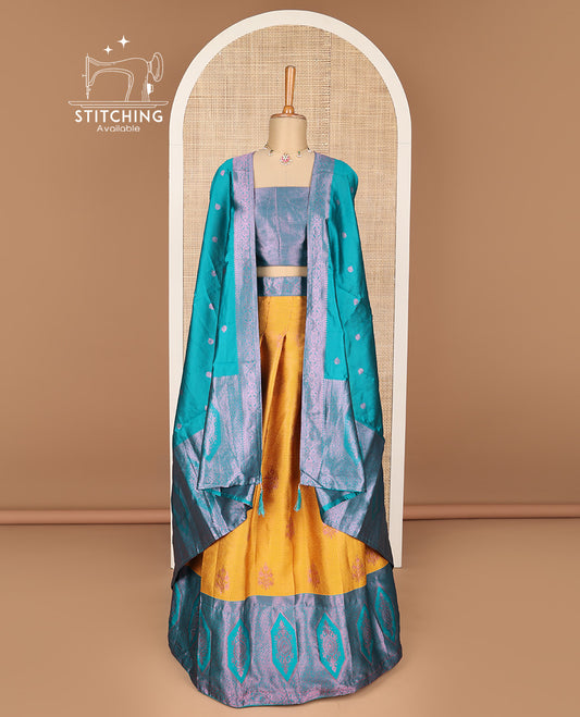 Yellow floral design banaras half saree with contrast zari design border , zari design blouse & floral zari design dhavani