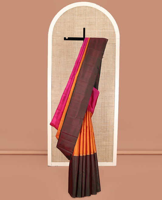 Borderless Multi-Colored Kanchipuram Silk Saree, Delicately Woven with Two-Horizontal Zari Stripes Running on Its Body, a Plain Pallu, and Paired with a Contrast Blouse