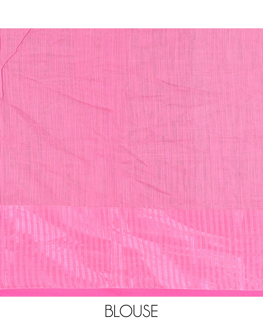 Grey plain khadi mul cotton saree, contrast thread temple border, plain pallu, and a contrast plain blouse