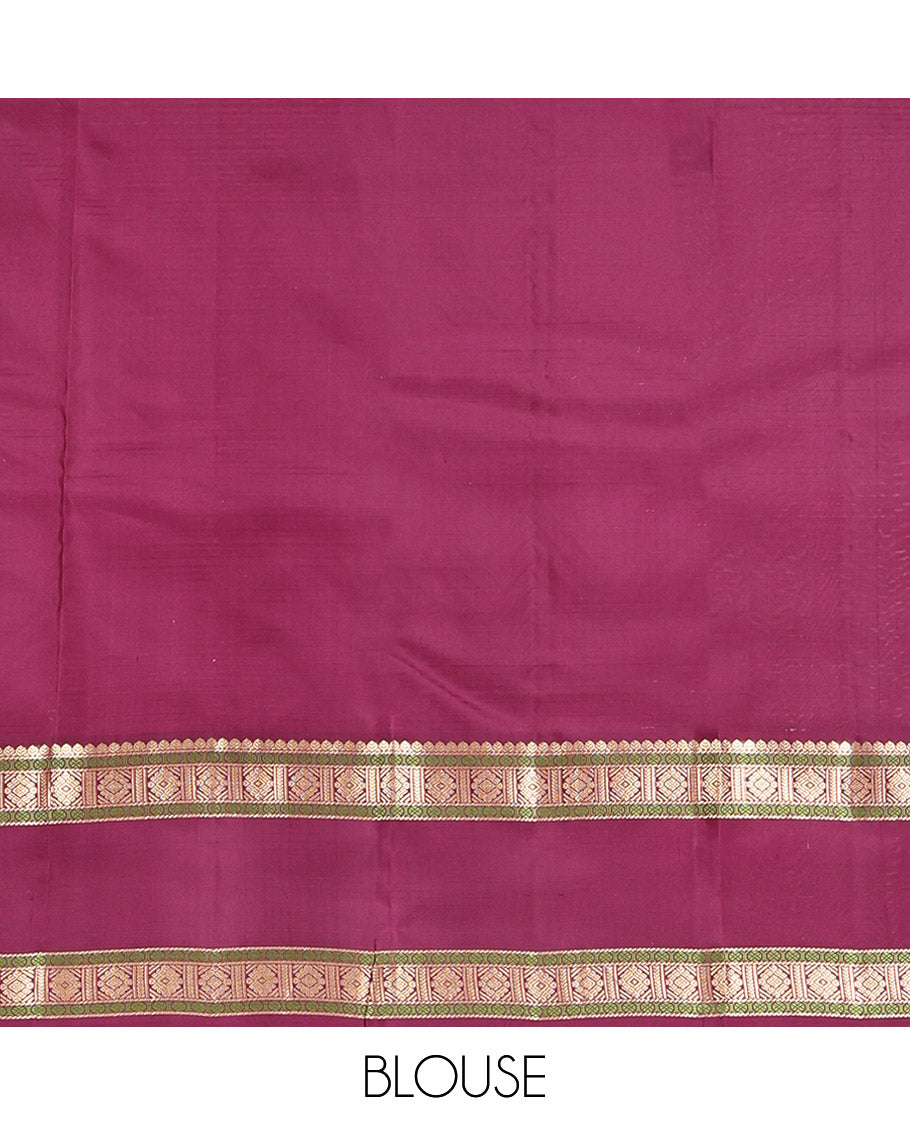 Red Striped Kanchipuram Silk Saree, Complemented by Contrast Rettai Pettu Border, Pallu of Intricate Designs, and a Contrast Blouse