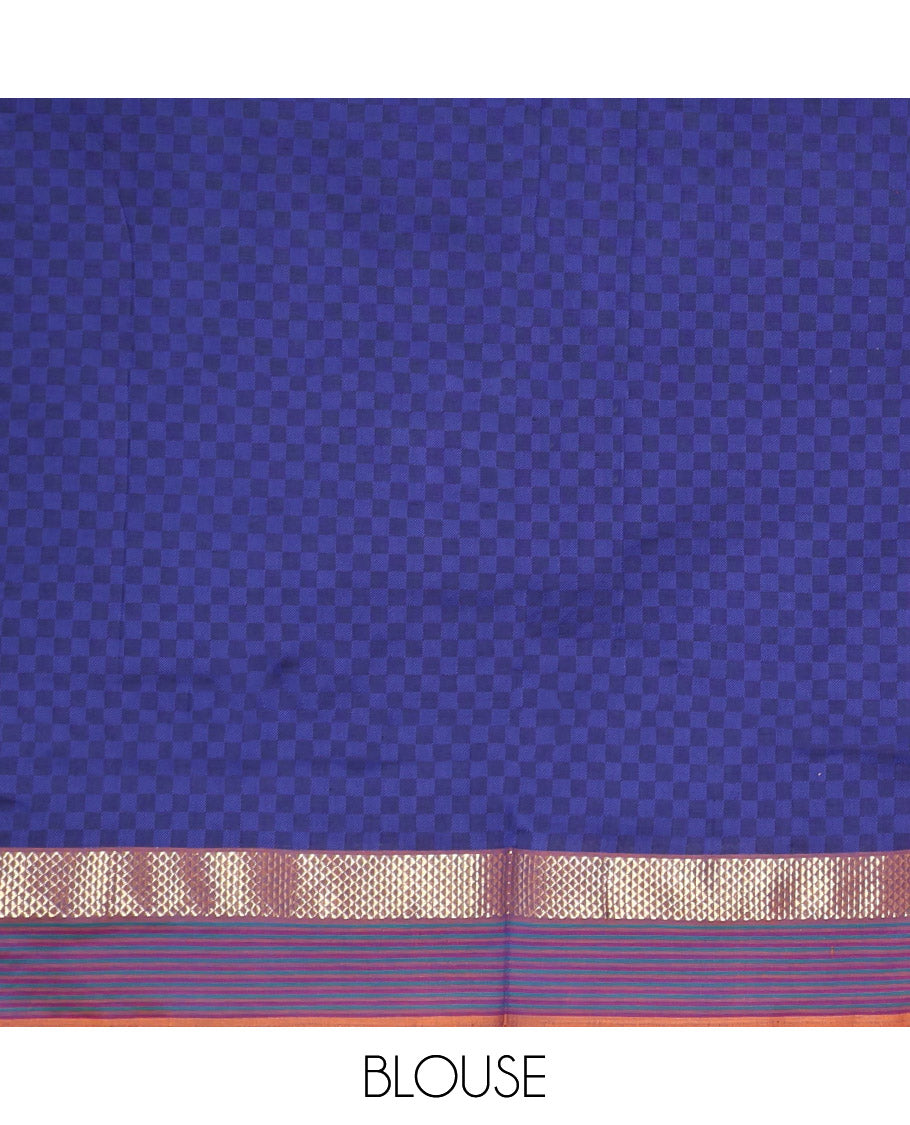 Pink Checked Poly Cotton Saree, Complemented by a Contrast Zari Border, Contrast Striped Pallu, and Paired with a Contrast Blouse