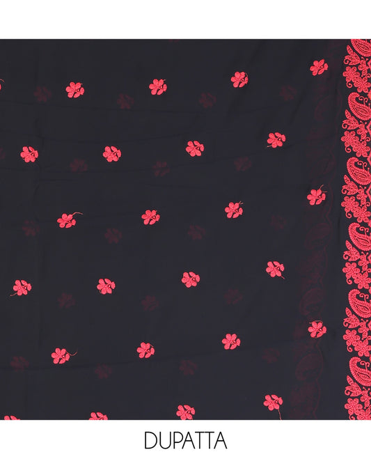 Red-Black Georgette Material Churidar Features Floral-Paisley Embroidery Top, a American Crepe Bottom, a Scallop Embroidered Dupatta
