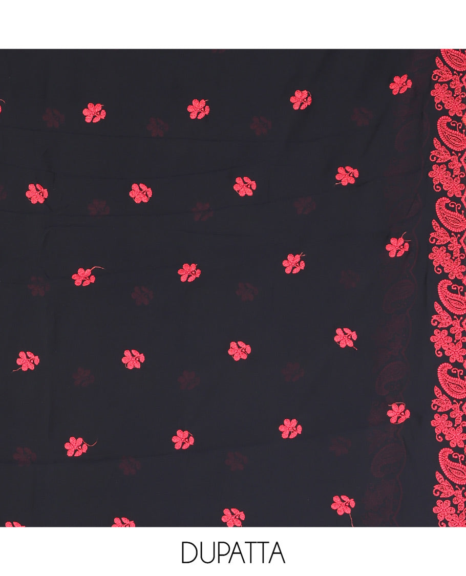 Red-Black Georgette Material Churidar Features Floral-Paisley Embroidery Top, a American Crepe Bottom, a Scallop Embroidered Dupatta