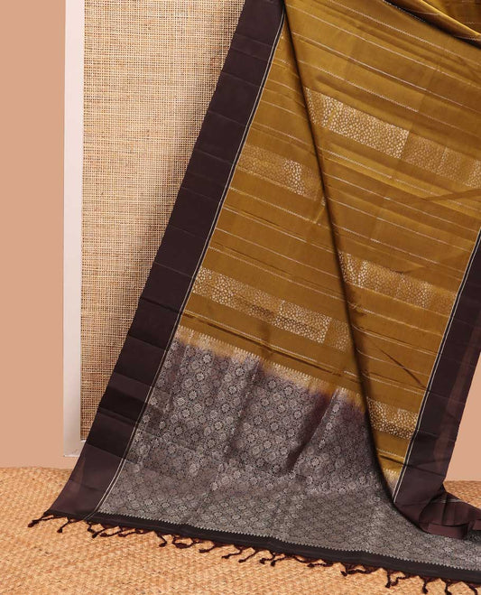 Brown geometric design mayuri soft silk saree with contrast plain border & floral jaal design pallu
