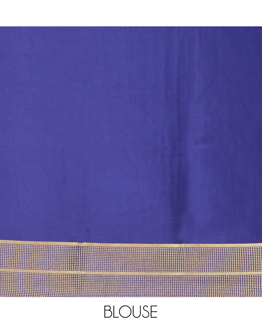 Navy Blue Mysore Silk Saree, Meticulously Crafted with Peacock-Deer Buttas and Stripes, Highlighted by a Traditional Zari Border, Grand Pallu, and a Matching Blouse
