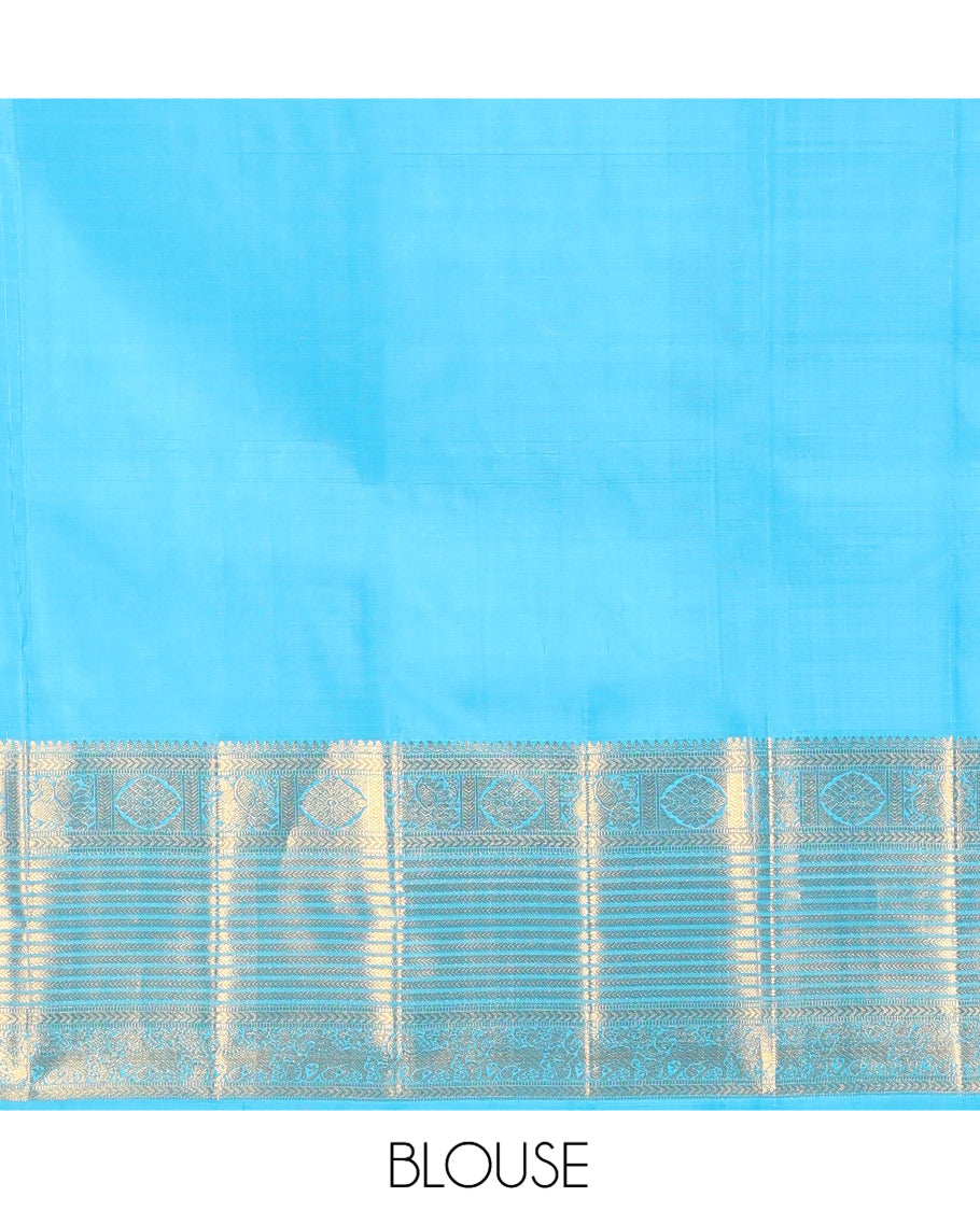 Blue Kanchipuram Silk Saree, Mesmerized with Zari Buttas, Highlighted by Zari Border of Thilakam Mokku, Kathir, Mayil, Chakram, and Yaali, Grand Pallu, and Matching Blouse