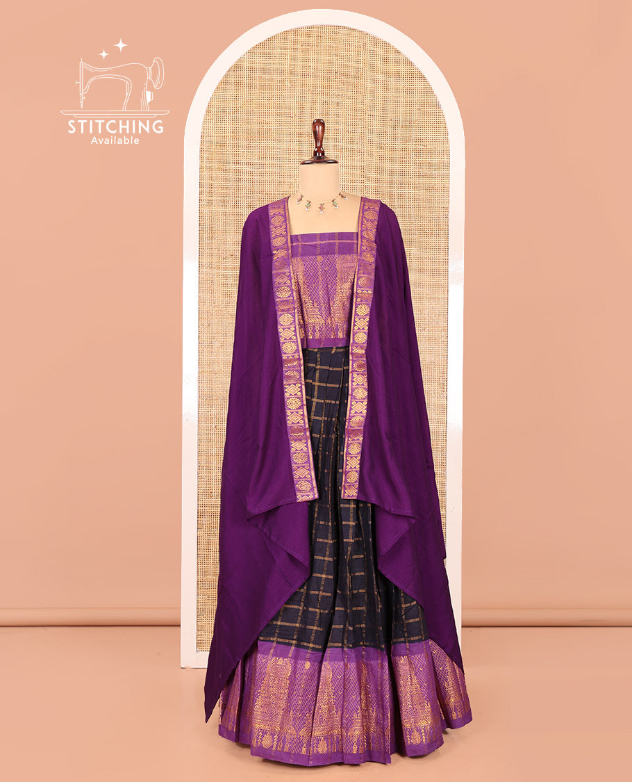Navy Blue-Purple Sungudi Cotton Half-Saree Features Checked Skirt, Contrast Gopuram Border, Contrast Blouse, and Zari-Bordered Syska Georgette Dhavani