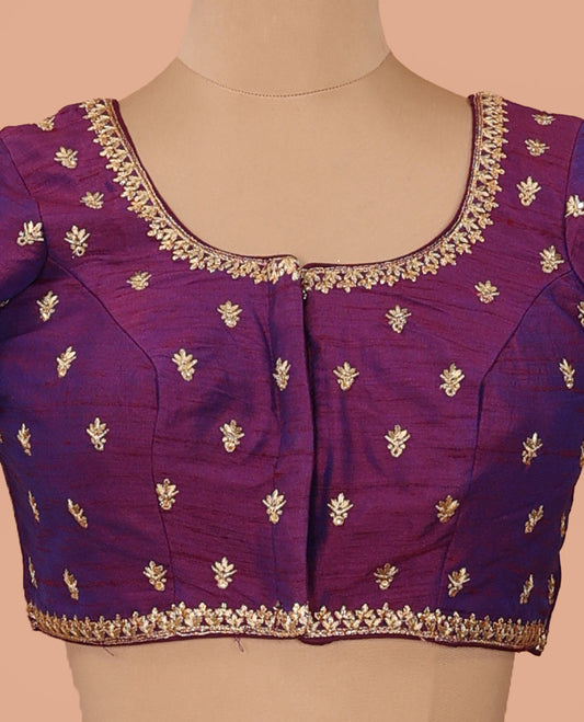 Purple thread embroidered front-back round neck elbow sleeve blouse