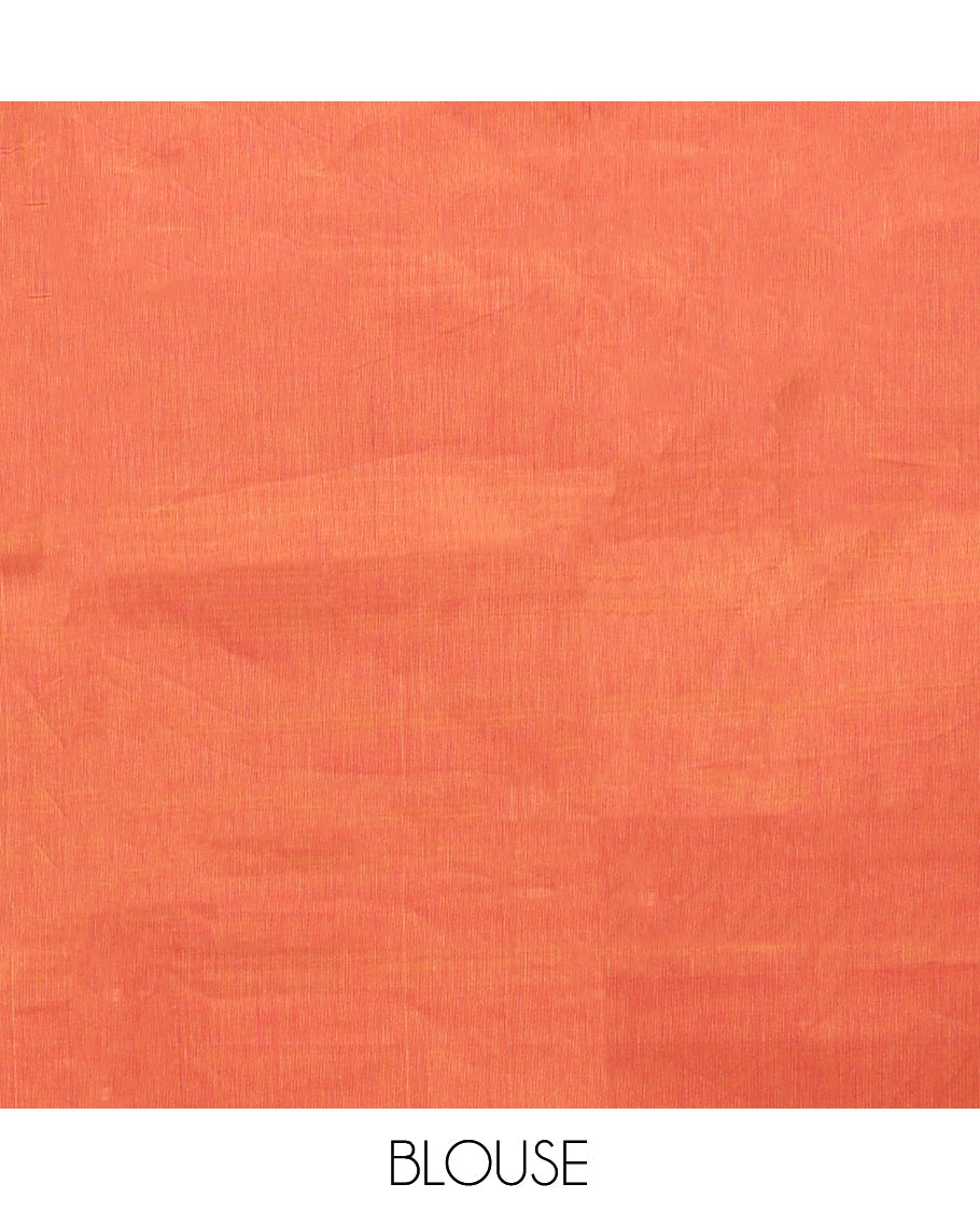 Orange Plain Chettinad Cotton Saree, Complemented by a Contrast Traditional Zari Design Woven Temple Border of Peacocks, Pallu of Stripes, and Paired with a Matching Blouse