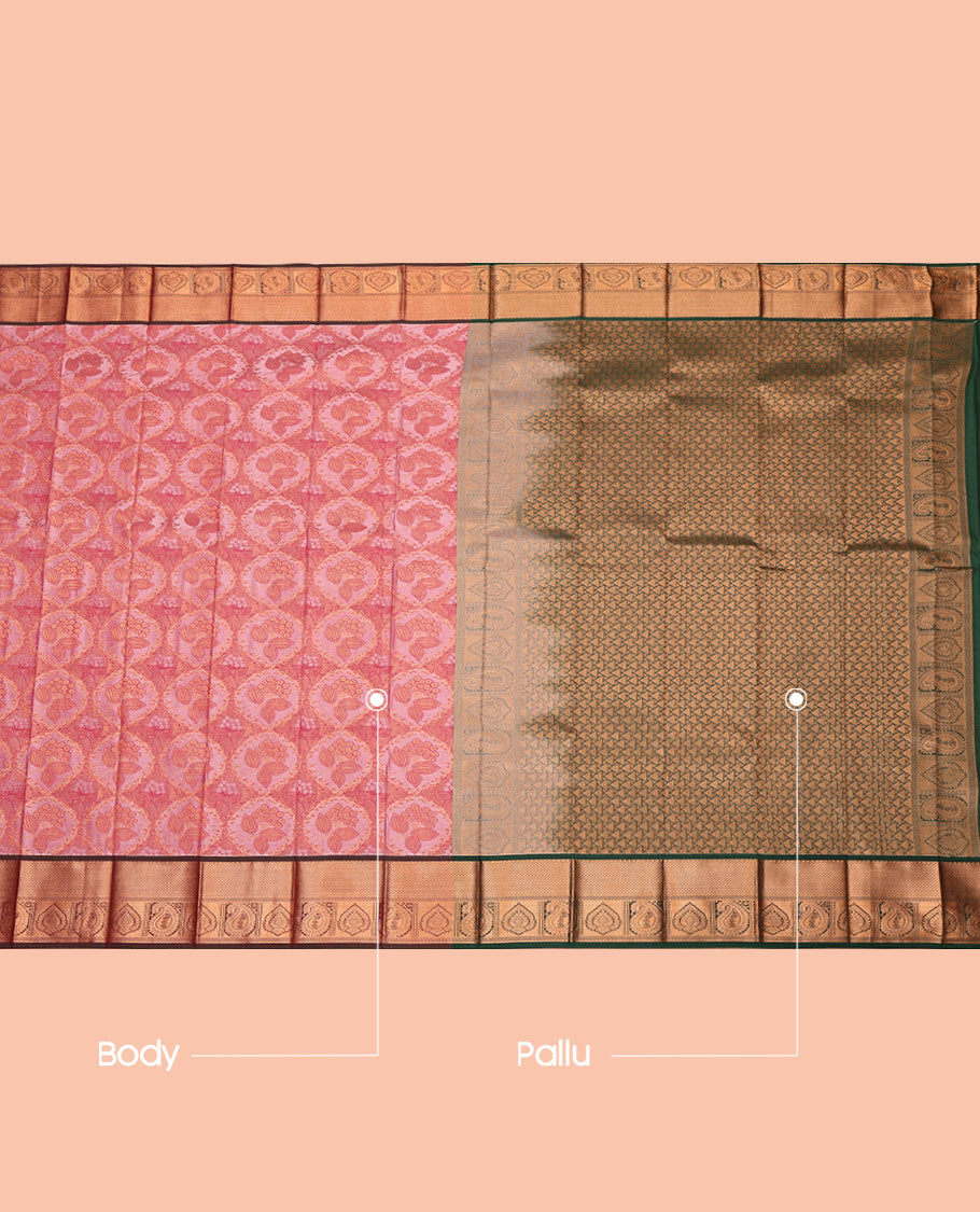 Pink Budget Silk Saree, Delicately Woven with Jacquard, Complemented by a Contrast Traditional Zari Border, Grand Pallu, and a Contrast Blouse
