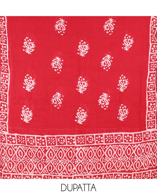 Maroon Cotton Material Chudidar, Batik Printed Top, a Matching Bottom, and Batik Print Dupatta