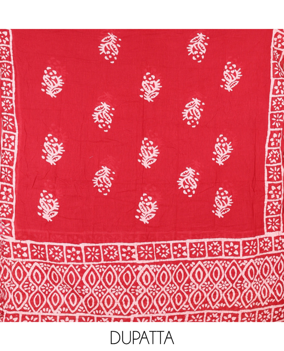 Maroon Cotton Material Chudidar, Batik Printed Top, a Matching Bottom, and Batik Print Dupatta