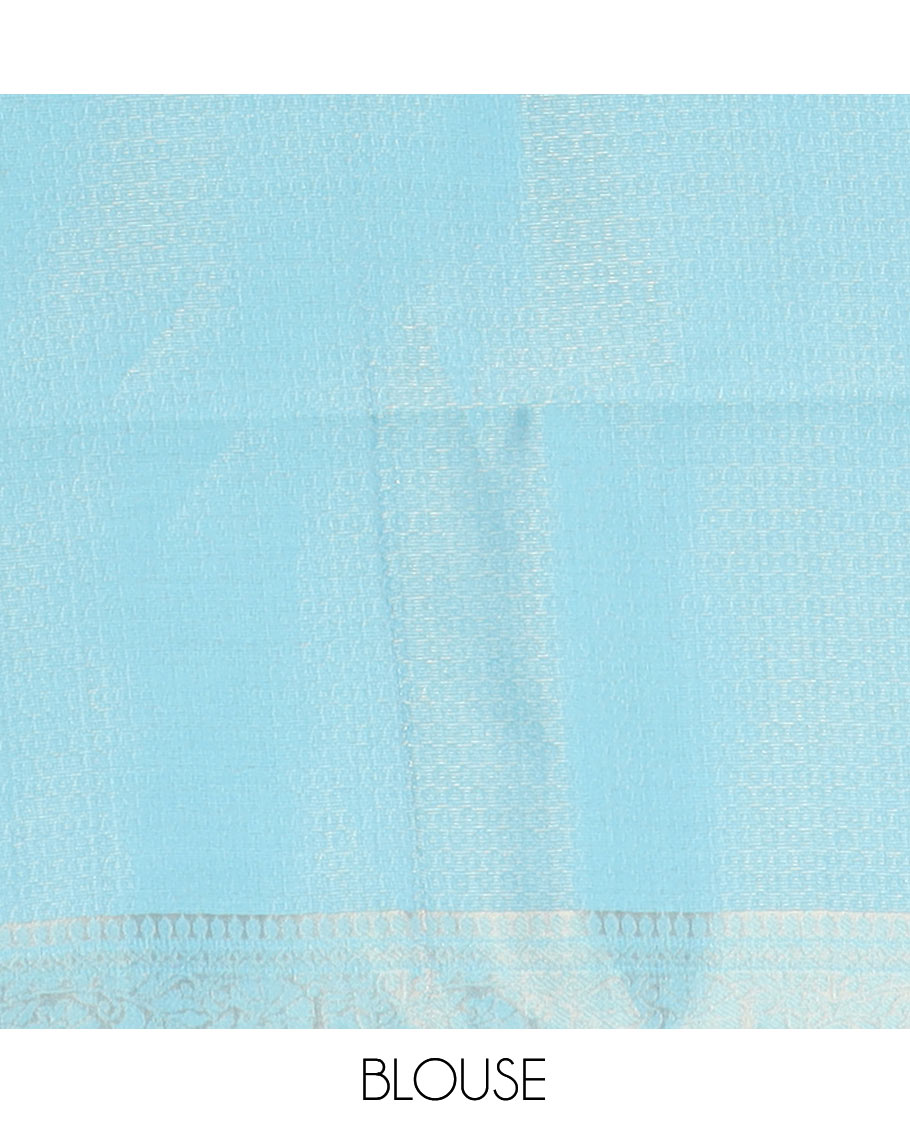 Blue Art Kanchi Silk Saree Features Butta Enclosed Checks, a Contrast Temple Rettai Pettu Border, Grand Pallu, and a Contrast Blouse