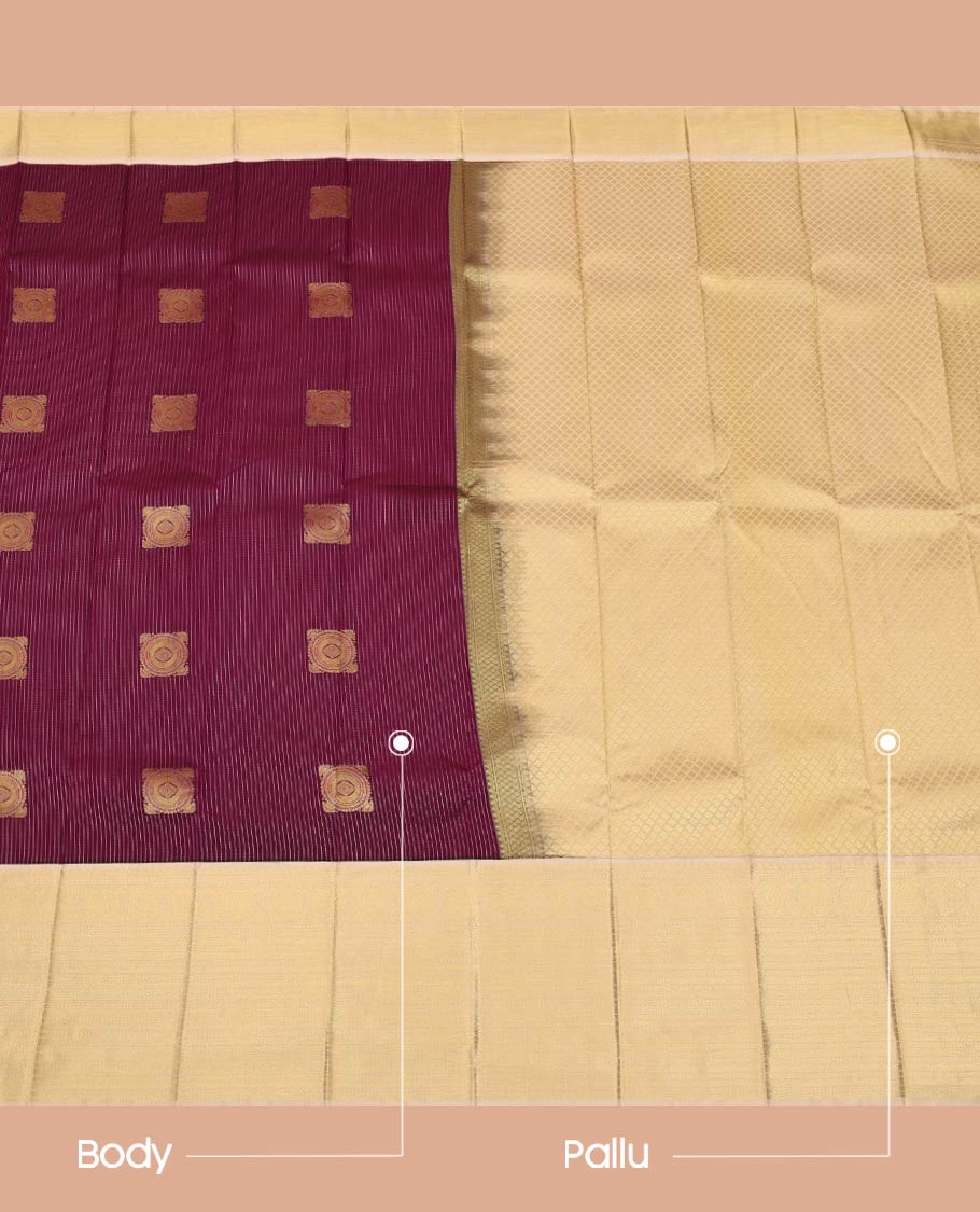 Maroon Budget Silk Saree, Mesmerized with Zari Buttas and Stripes on Its Body, Complemented by a Contrast Traditional Zari Design Border, Sparsely Woven Jaal Pallu, and Paired with a Contrast Blouse