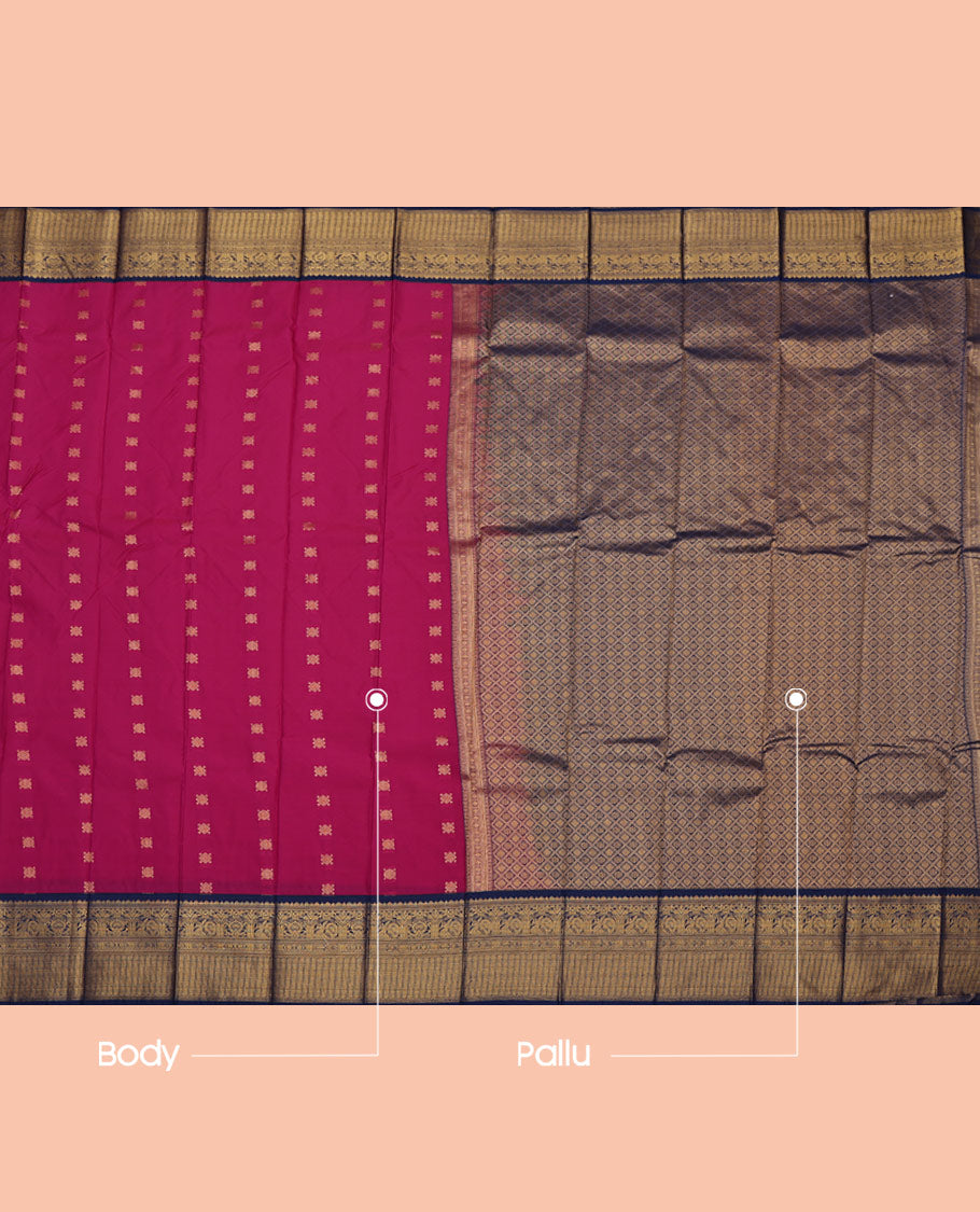 Magenta Budget Silk Saree, Mesmerized with Zari Buttas All Over Its Body, Complemented by a Contrast Traditional Zari Design Border, Grand Jaal Pallu, and Paired with a Contrast Blouse