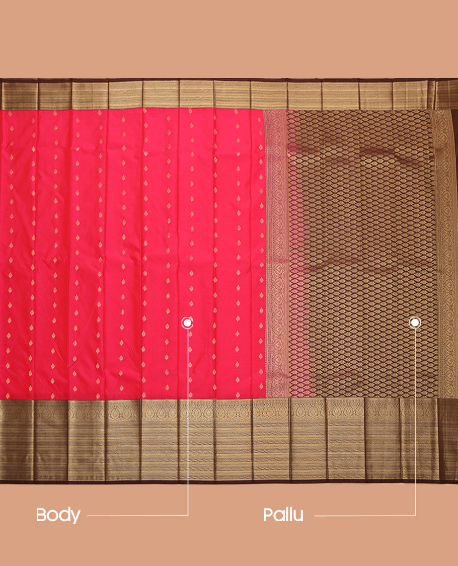 Red Budget Silk Saree, Adorned with Zari Buttas, Complemented by a Contrast Traditional Zari Border, Grand Pallu, and a Contrast Blouse