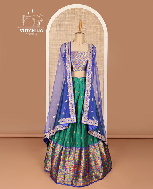 Dark green floral buttas banaras half saree with contrast floral design border, zari design blouse & floral embroidery dhavani