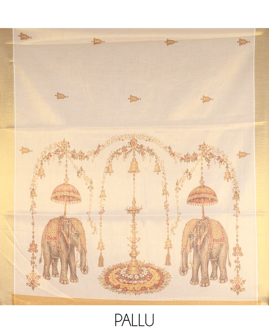 Gold Kerala Cotton Saree, Graced with Bell Motif Print, a Zari Border, Pallu of Elephant Motifs, and a Contrast Blouse