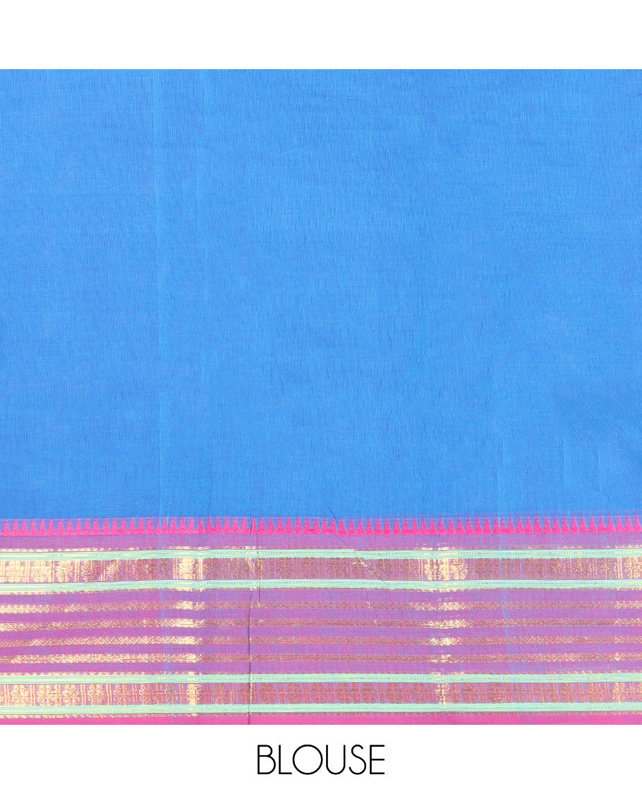 Blue Plain Chettinad Cotton Saree, Complemented by a Contrast Traditional Zari Design Woven Varisai Pettu Border, Pallu of Stripes, and Paired with a Matching Blouse
