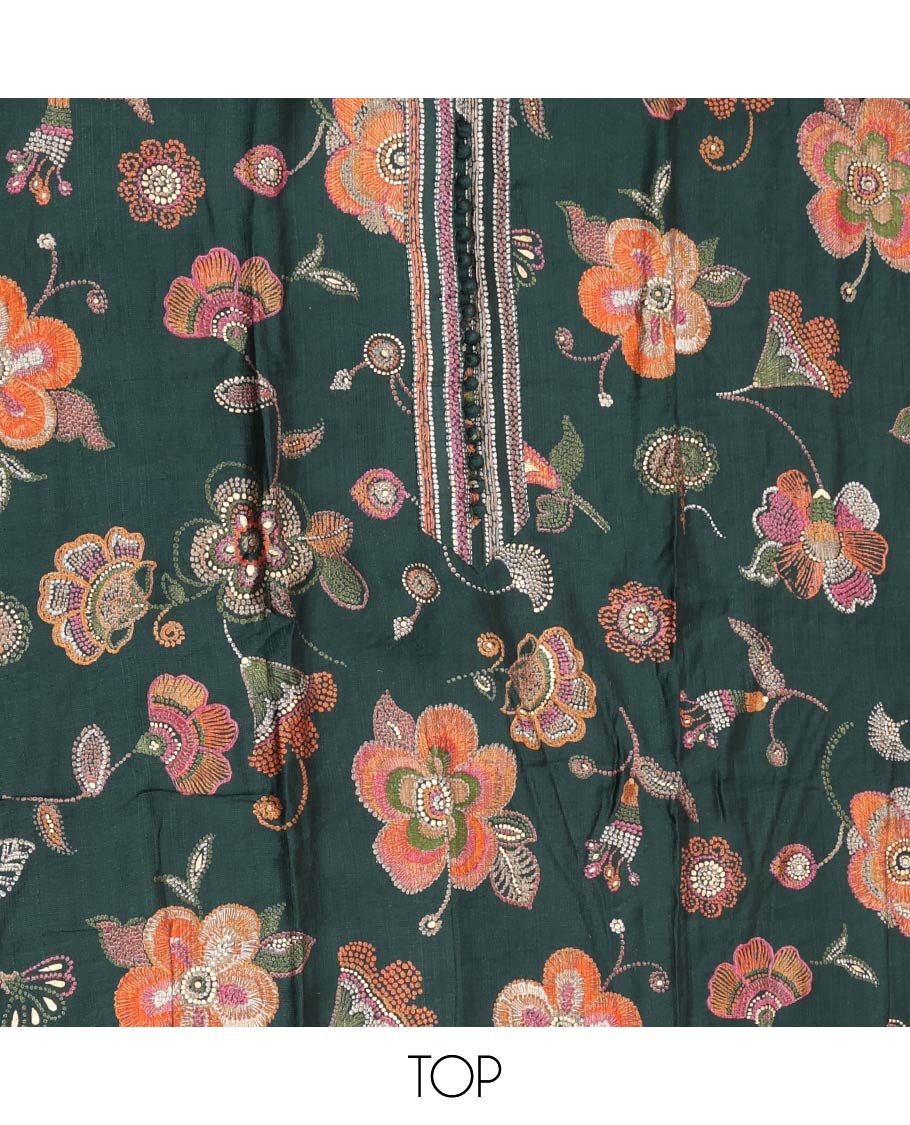 Green Material Chudidar Set, Enriched with Meenakari-Style Floral Printed Rayon Top, Complemented by Contrast Plain Rayon Bottom, and Paired with Sequins and Thread Embroidered Chanderi Silk Dupatta