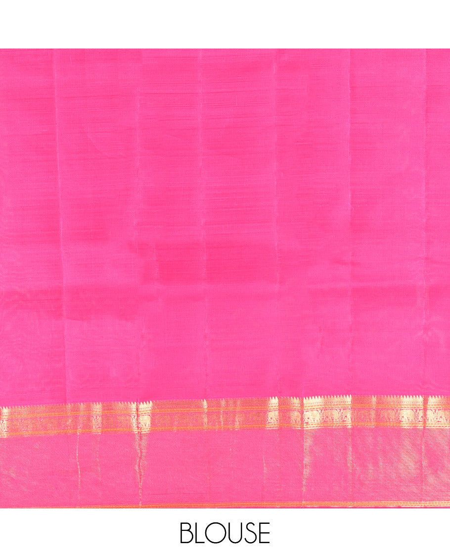 Green Vasundhara Lite Silk Mix Saree, Adorned with Pichwai Cow Buttas, Complemented by a Contrast Border of Rekku, Neli, and Yaanai Designs, Intricate Pallu, and a Contrast Blouse