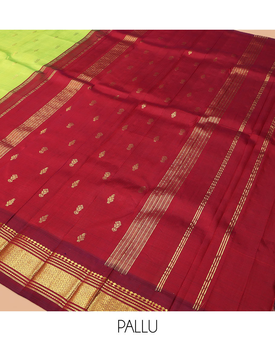Green Kanchipuram Silk Saree, Woven with Zari Buttas, a Contrast One-Sided Korvai Border of Panner Sombu, Banaras, Muthu, and Mayil Kann Designs, Zari Design Pallu, and a No Blouse