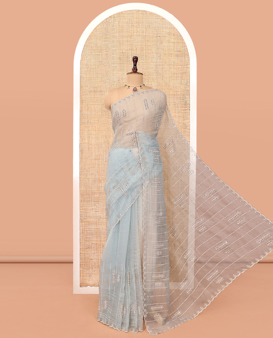 Sky Blue Swarovski and Meena Stonework Organza Designer Saree with Scallop Border, Matching Blouse