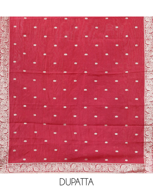 Onion Pink Material Churidar Set Features Gold Zari Neck Work Top, a Plain Santoon Bottom, a Banarasi Dupatta