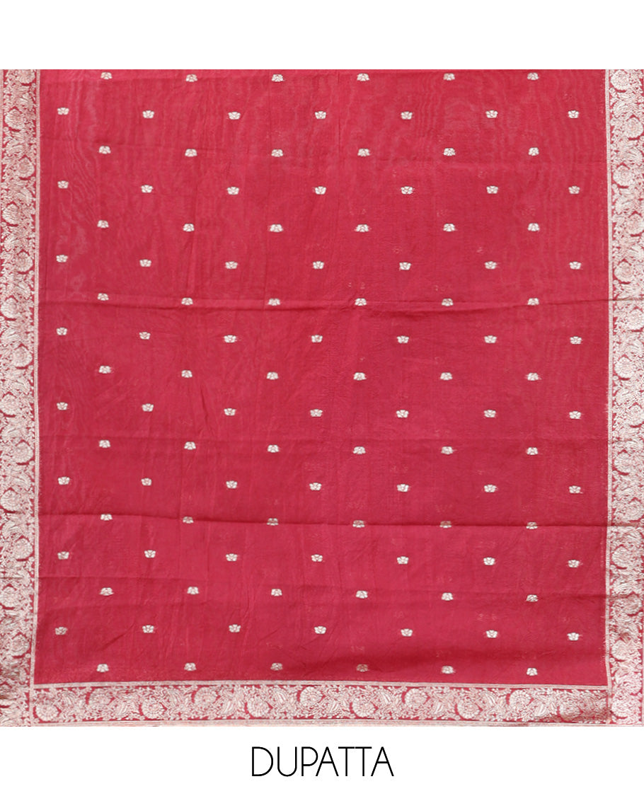 Onion Pink Material Churidar Set Features Gold Zari Neck Work Top, a Plain Santoon Bottom, a Banarasi Dupatta