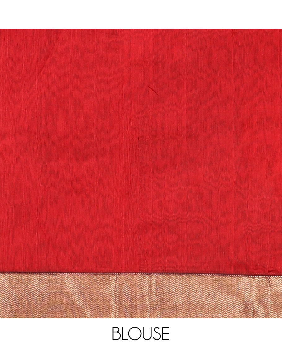 Red Maheshwari Cotton Saree, Spotlighted with Floral Zari Buttas on Its Body, Complemented by a Contrast Chevron Striped Zari Border, Pallu Woven in Chevron Stripes in Zari, and Paired with a Matching Blouse