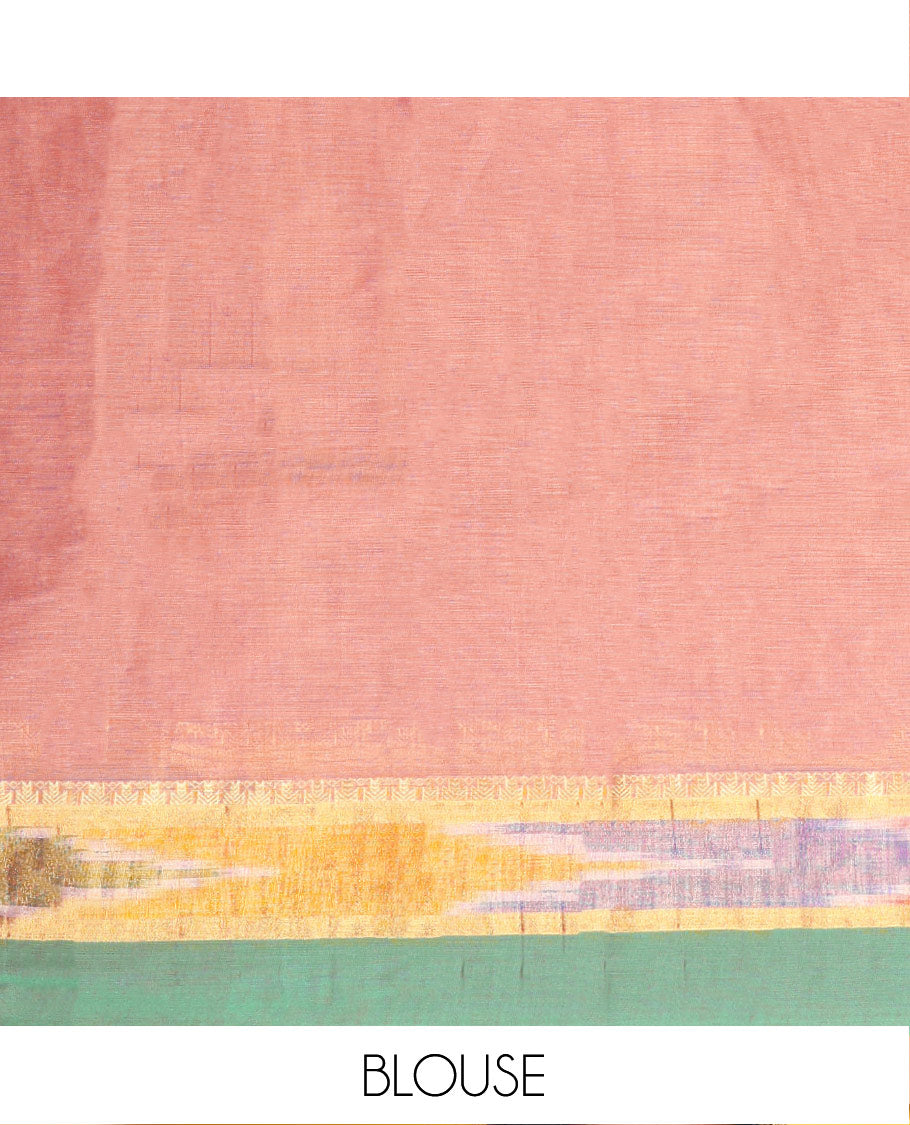 Pink Chettinad Cotton Saree, Sparsely Threaded with Buttas All Over Its Body, Complemented by a Contrast Ikkat Border, Pallu of Unique Designs, and Paired with a Matching Blouse