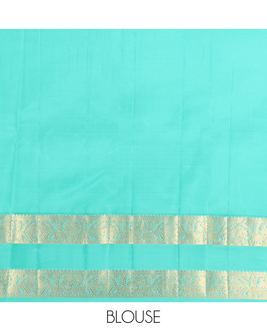 Yellow Vasundhara Silk Saree, Woven with Zari Buttas, Complemented by a Contrast Rettai Pettu Mayil-Yaanai Border, Jaal Pallu, and a Contrast Blouse