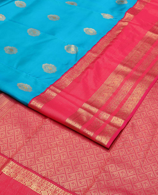 Blue zari buttas vasundhara silkmix saree, contrast mango design pallu & border of mayil, manga, yaanai & diamond design