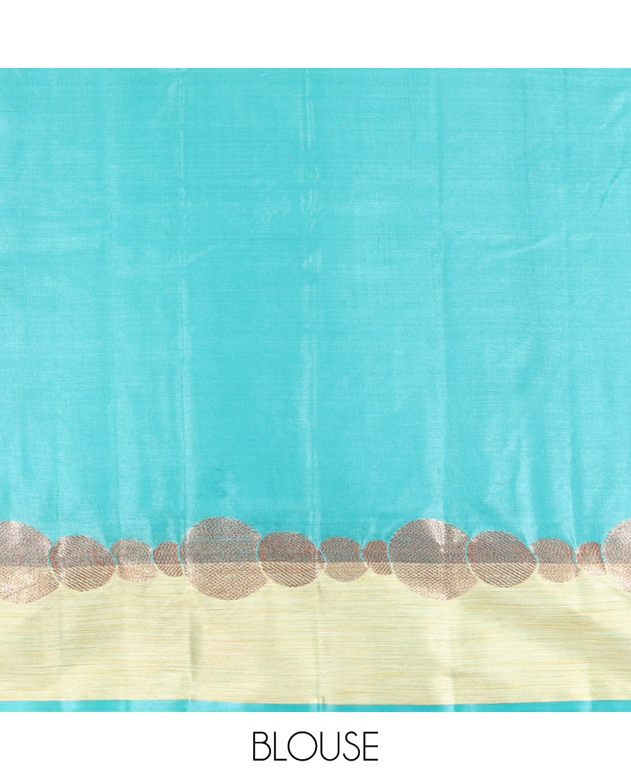 Blue Tusser Silk Saree, Ornamented with Zari Buttas, a Contrast Zari Border, Grandly Decked Up Pallu, and a Matching Blouse