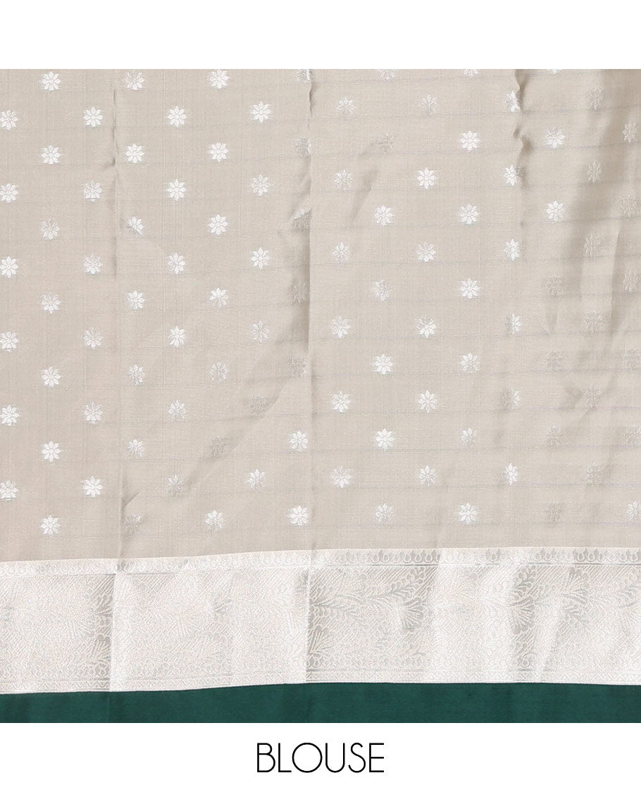 Bottle green silver zari manga buttas Elite soft silk saree, contrast traditional zari border, intricate zari pallu & contrast zari buttas blouse