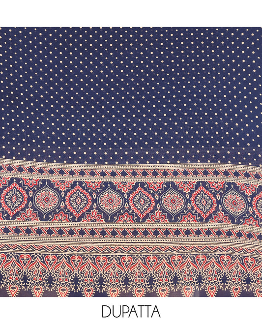 Navy Blue Georgette Material Churidar Set, Polka Dot and Ajrakh Neck Work Top, a Matching Bottom, and Ajrakh Printed Dupatta