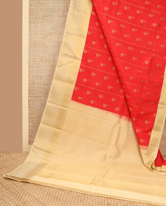 Red floral design vasundhara elite silk saree with contrast floral zari design border & checked design pallu