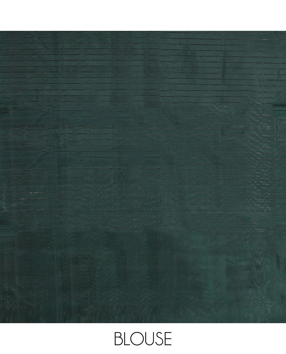 Green Mayuri Soft Silk Saree, Embellished with Buttas and Stripes, Complemented by a Contrast Jaal Border, Pallu of Jaal Designs, and a Contrast Blouse