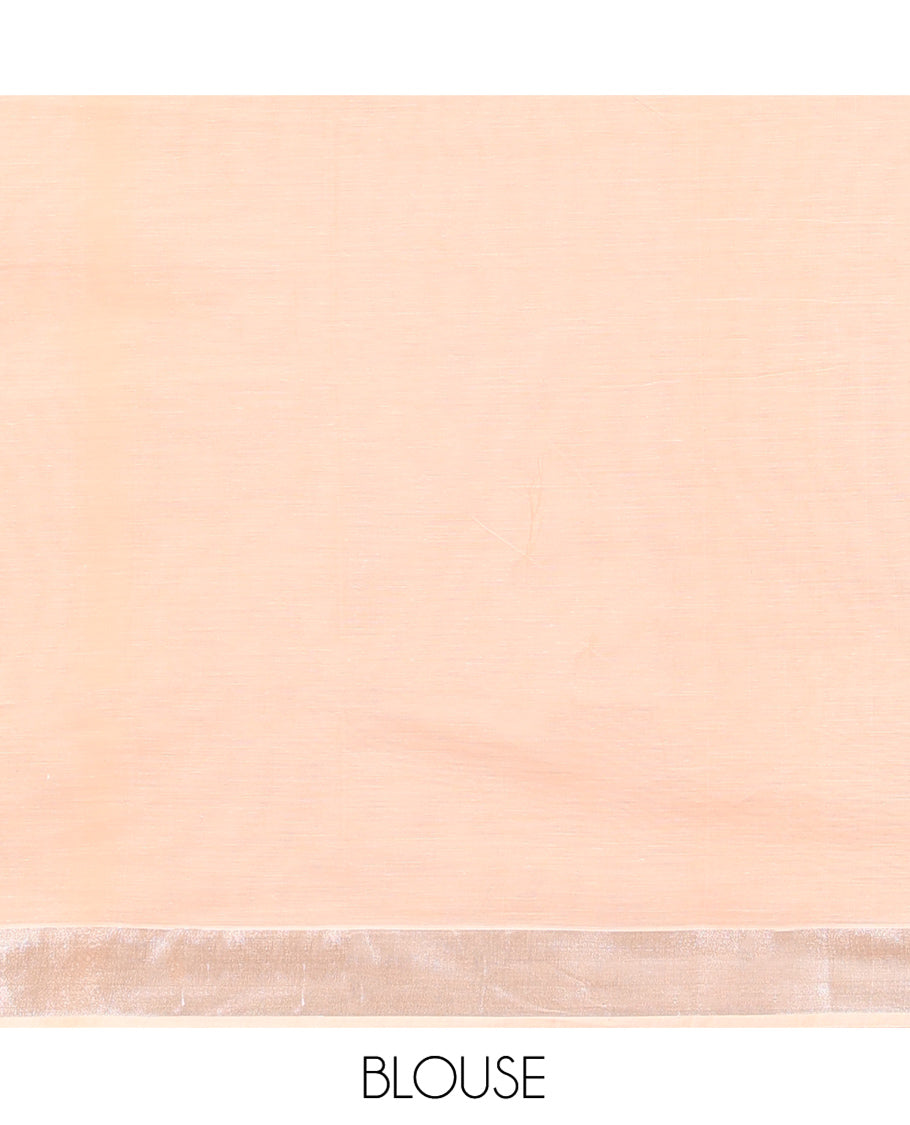 Peach Kerala Cotton Saree, Woven with Buttas All Over Its Body, a Zari Bavanji Border, Pallu of Intricate Designs, and Paired with a Matching Blouse