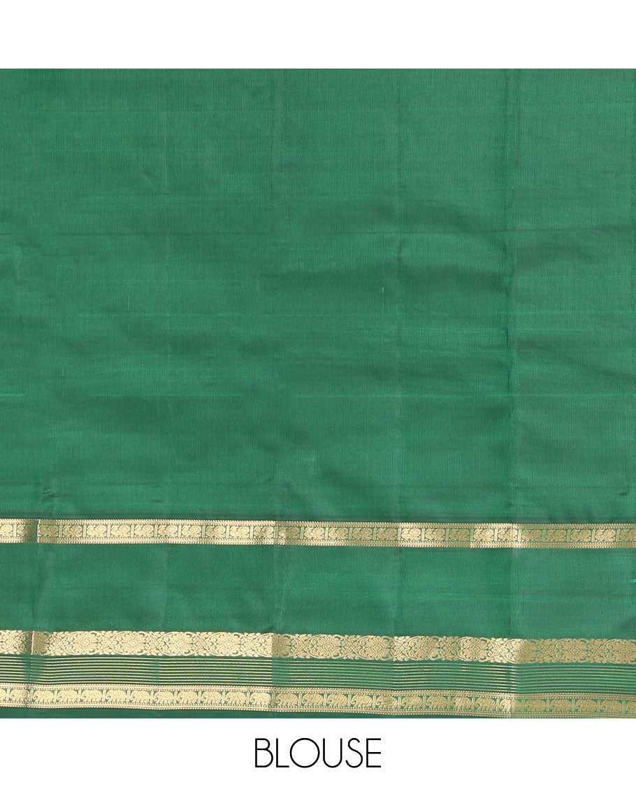 Green Vasundhara Lite Silk Mix Saree, Mesmerized with Zari Buttas and Stripes, a Zari Rettai Pettu Border of Rekku, Muthu, Mayil, Kodi Visiry, and Yaanai, Grand Pallu, and a Contrast Blouse